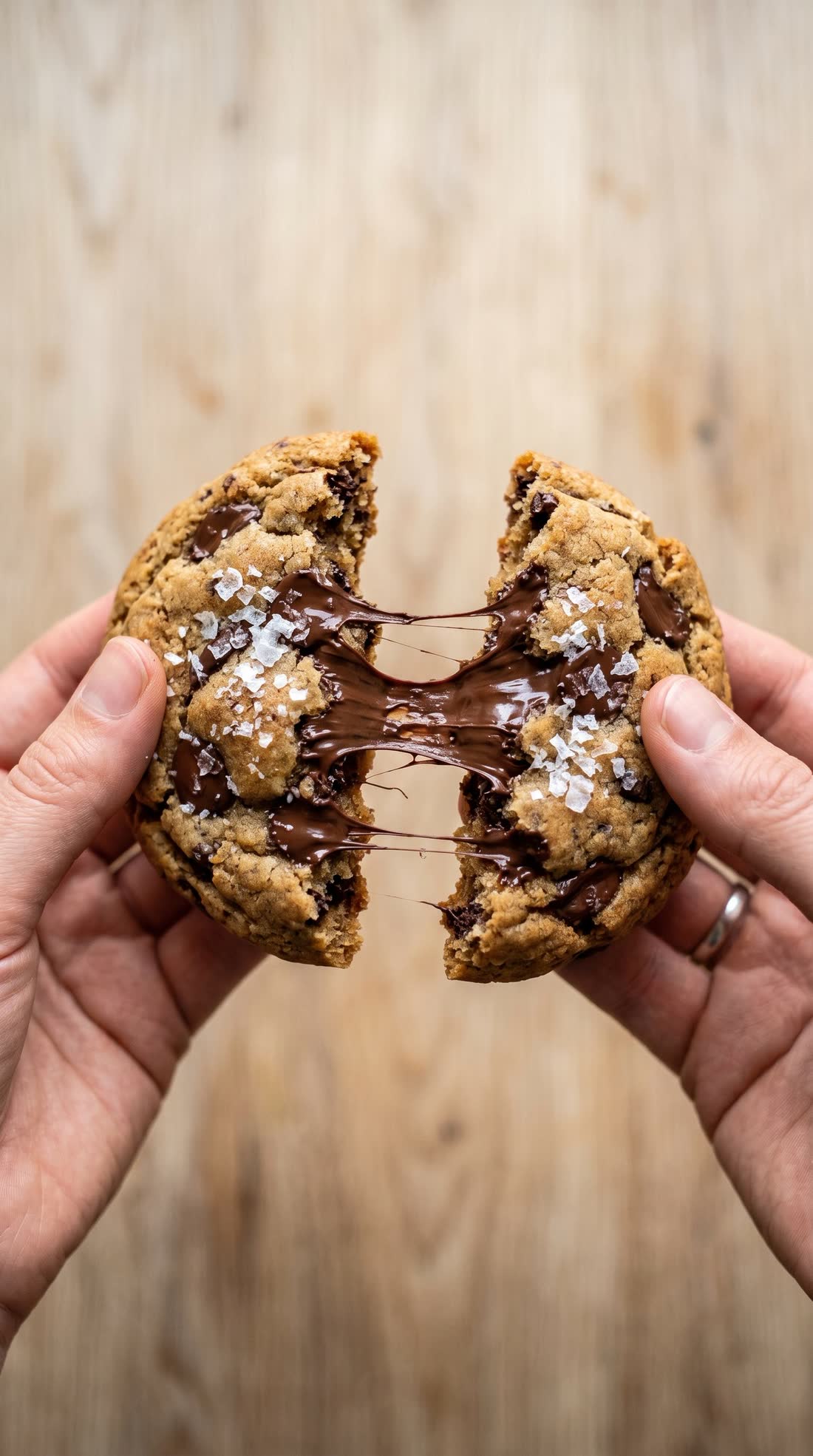 Cookie artesanal partido ao meio com chocolate quente escorrendo e flor de sal no topo