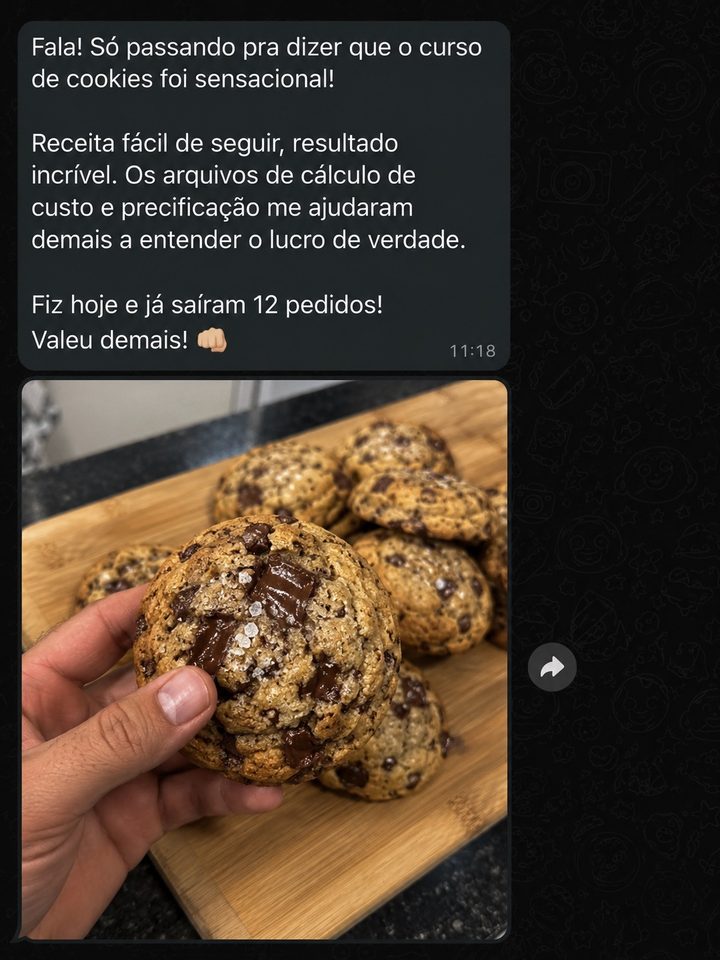 Depoimento de aluno no WhatsApp sobre o curso e os primeiros pedidos