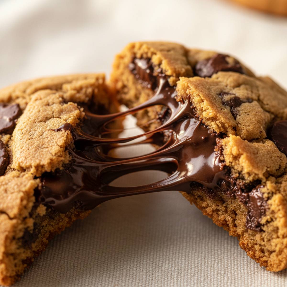 Close do cookie partido com chocolate derretendo