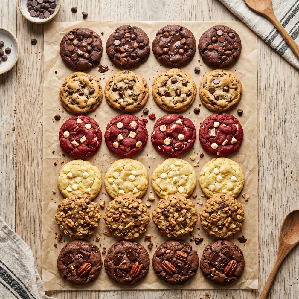 Vários cookies de sabores diferentes dispostos lado a lado